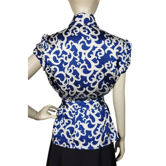 Vintage Y2k Bebe Silk Cobalt Grey Puff Sleeve Scroll Logo AOP Belted Blouse M/L - Picture 6 of 15